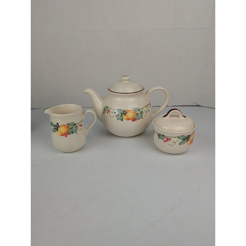 Vintage Corelle Coordinates Stoneware Teapot With Creamer & Sugar Bowl Fruit